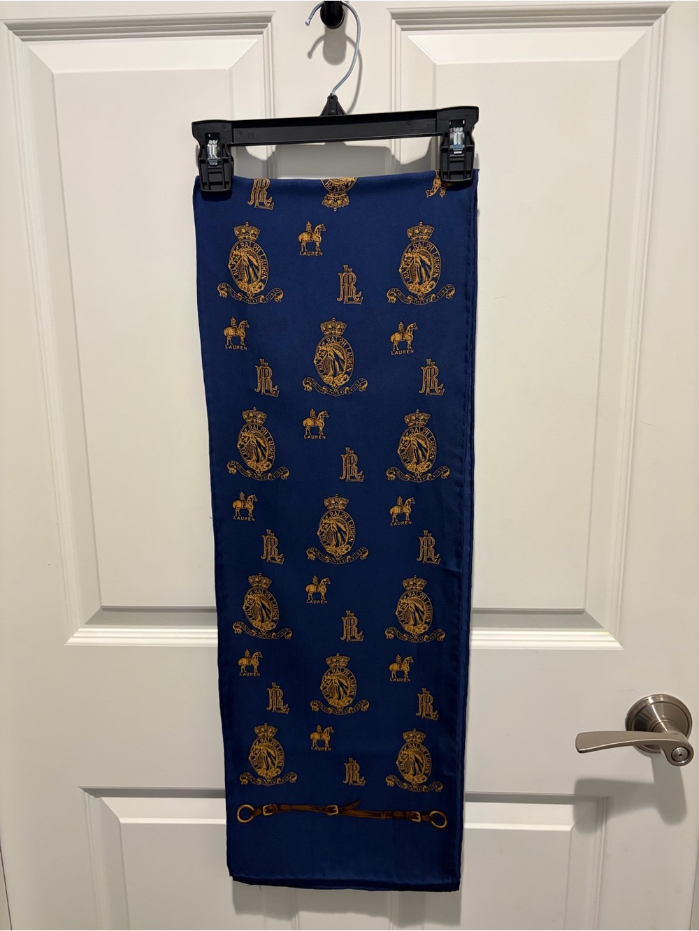 Lauren Ralph Lauren Navy Blue Printed Scarf with Gold Crest Motif